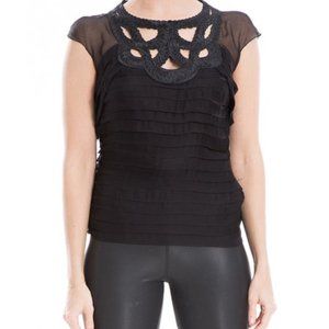 NWT Leon Max | Black Pleated-Yoke Silk Cap-Sleeve Top - M